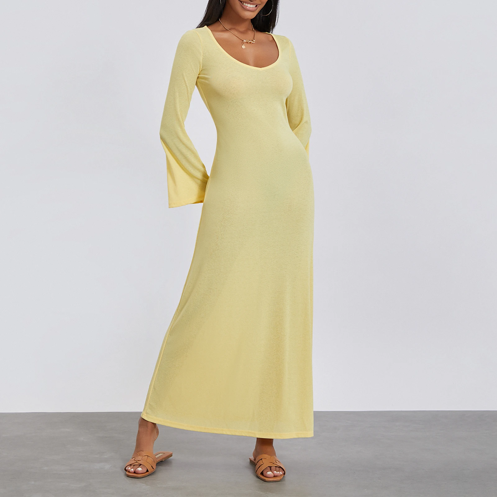 

Women Long Dress Vintage Long Sleeve V Neck See Through Dress Slim Fit Solid Color Party Dress