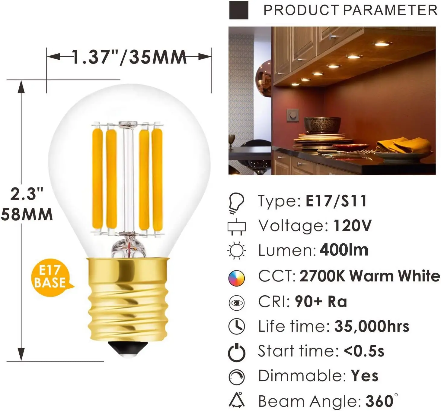 Super Mini Globe S11 LED Light Bulb, Dimmable, 4W E17 Intermediate Base 40S11 LED Filament Replacement Bulb, 40 Watt Equ