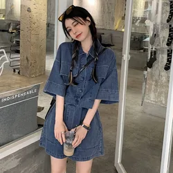 Vintage Matching Sets Turn Down Collar Three Quarter Sleeve Top High Waist Pockets Shorts Solid Color Summer Denim Two Piece Set