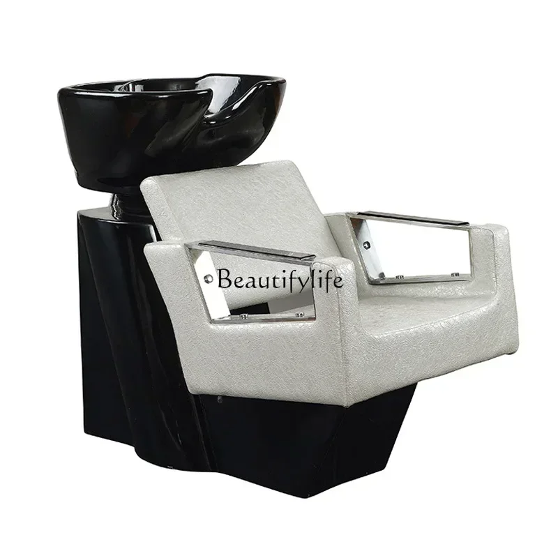 35Barber Shop Stainless Steel Shampoo Chair Hairdressing Semi-Lying Simple Ceramic Basin Flushing Bed