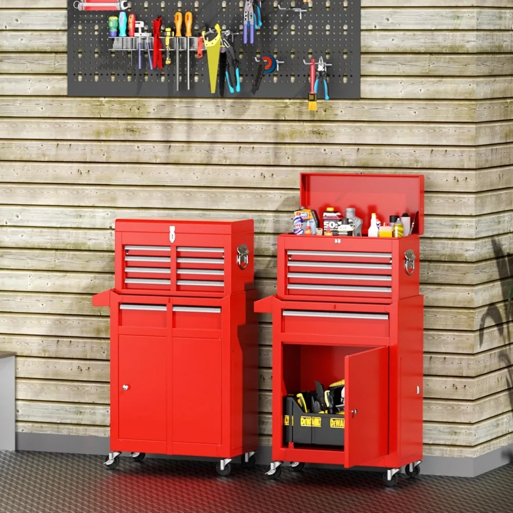 頑丈な5段引き出し付きローリングツールチェストキャビネットコンボ、ロック可能なスチール製ガレージツールボックス（車輪付き）- ブラックライナー付属
