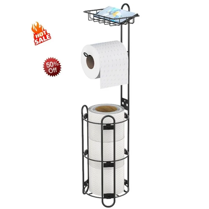 

Black Toilet Paper Holder Stand Stainless Steel Rustproof Freestanding Tissue Roll Organizer With Storage Shelf For Bathroom