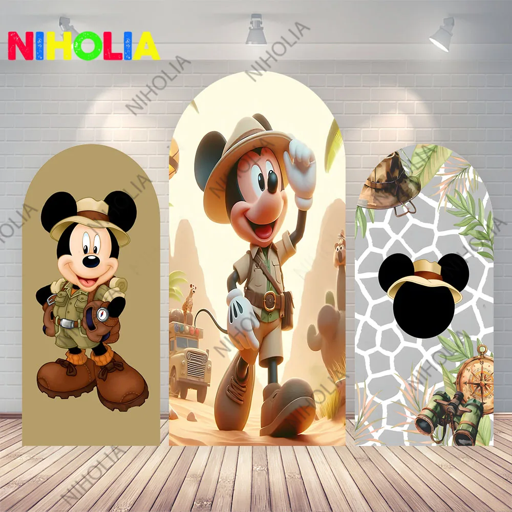 ミッキー-ミニー-サファリ-ワイルド-テーマ-アーチカバー-写真背景-ベビーシャワー-ポリエステル-両面写真撮影小道具