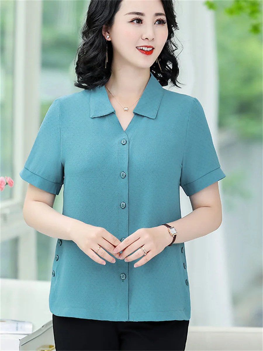 

5XL Women Spring Summer Blouses Shirts Lady Fashion Casual Half or Short Sleeve Turn-down Collar Solid Color Blusas Tops TT2387