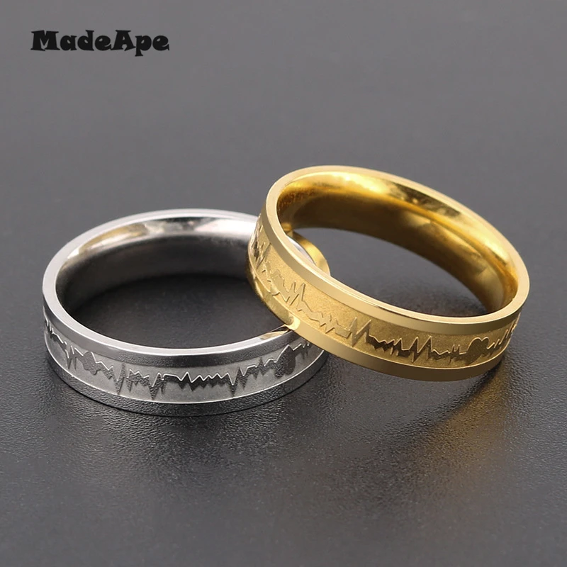 MadApe ECG زوجين خاتم الذهب اللون التيتانيوم الفولاذ المقاوم للصدأ عرض 6 مللي متر النساء خاتم الزواج للنساء الرجال خاتم الخطوبة