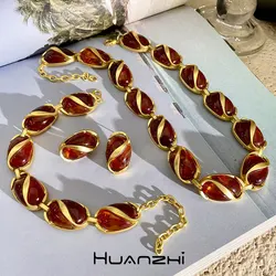 Retro Brown Color Crystal Oval Glazed Metal Necklace for Women Girl French Vintage Autumn Winter Clavicle Chain HUANZHI NEW INS