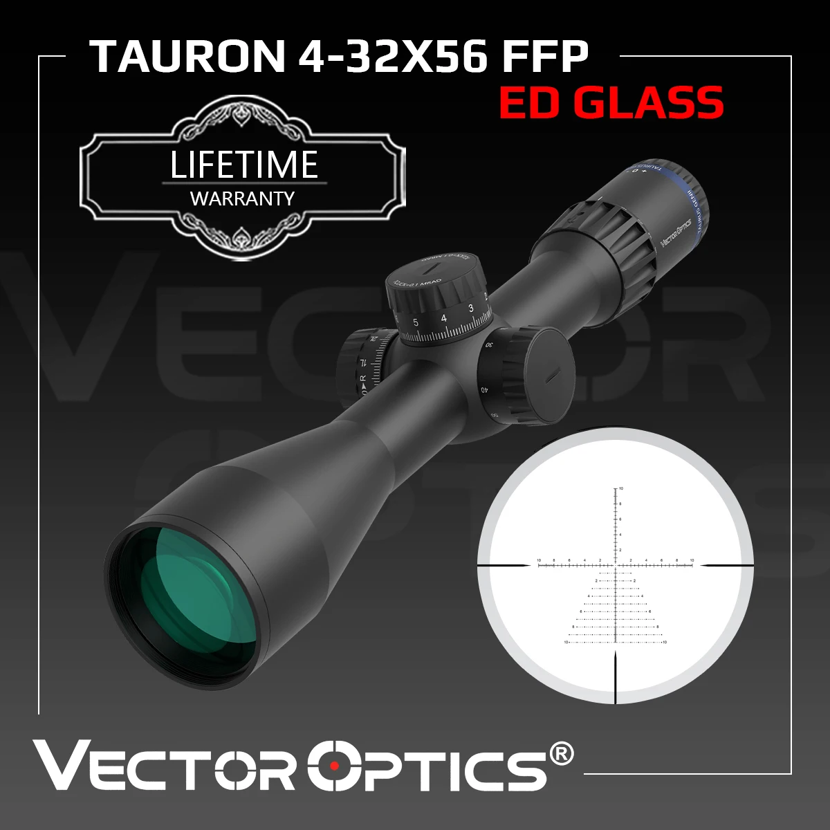 Vector Optics Tauron 4-32x56 FFP กล้องส่องทางไกล 34 มม. สำหรับการยิงระยะกลางถึงไกล พร้อมเลนส์ ED และ FMC คุณภาพสูง