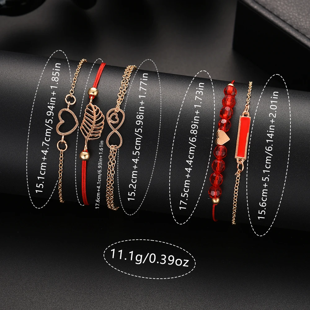 6PCS/Set Red Women Watch Simple Fashionable Leather Strap Quartz Wristwatch Love Element Watch Jewelry Set Gift For Mom