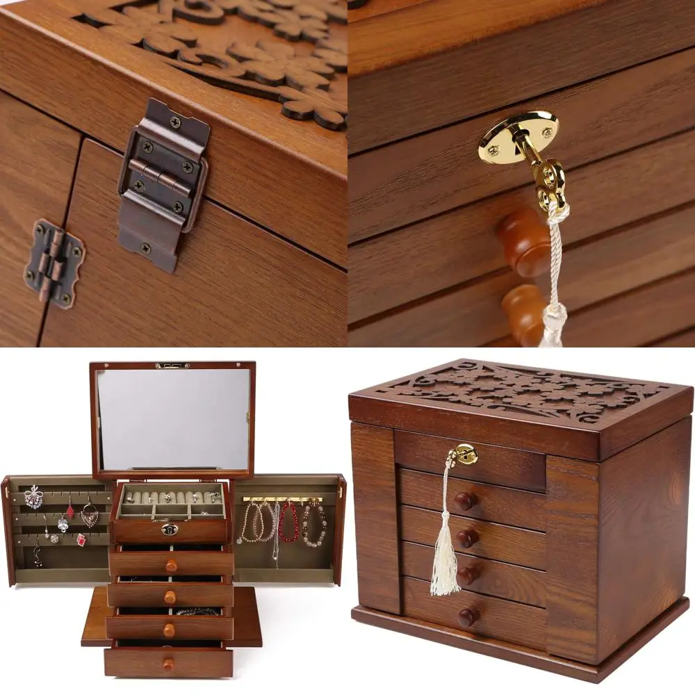 Caja de Joyería de Madera Maciza con Cerradura para Mujer, con Llave, para Guardar Anillos, Relojes, Pendientes, Pulseras (Marrón Castaño)
