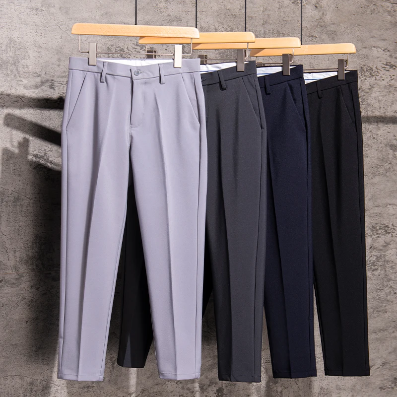 

2024 Summer Thin Solid Color Suit Long Pants for Men's Casual Large Size Versatile Slim Fit Business Straight Crop Pants