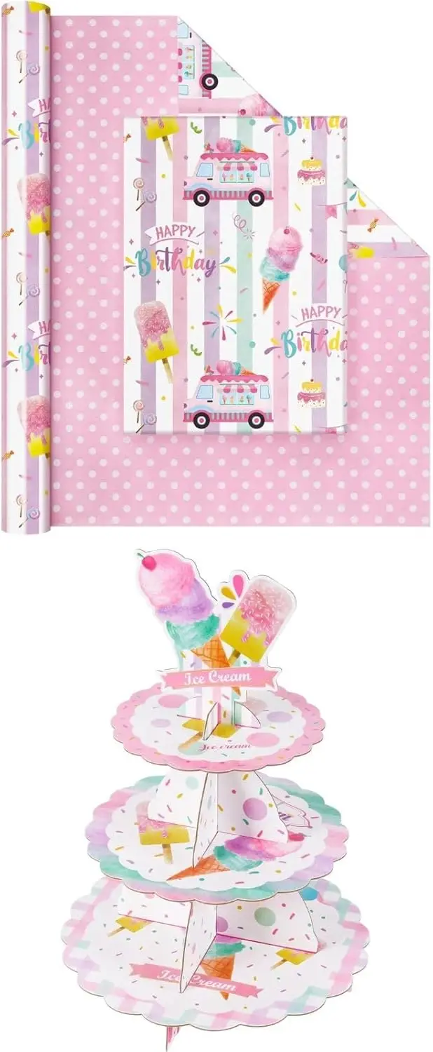 

Двусторонняя упаковочная бумага для мороженого + подставка для капкейков в виде мороженого