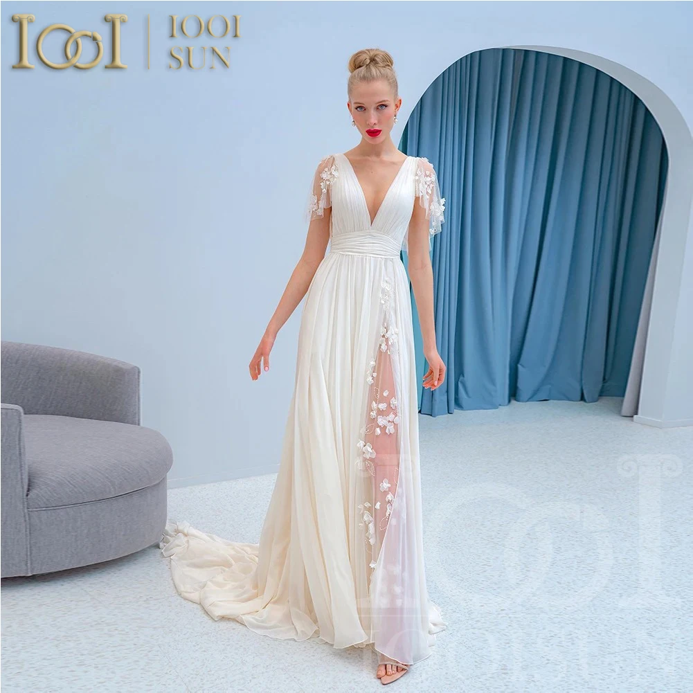 

IOOISUN Vintage Chiffon Wedding Dress Decal V-neck Outdoor Appliques Beach Bridal Dresses Party Gown vestidos de novia