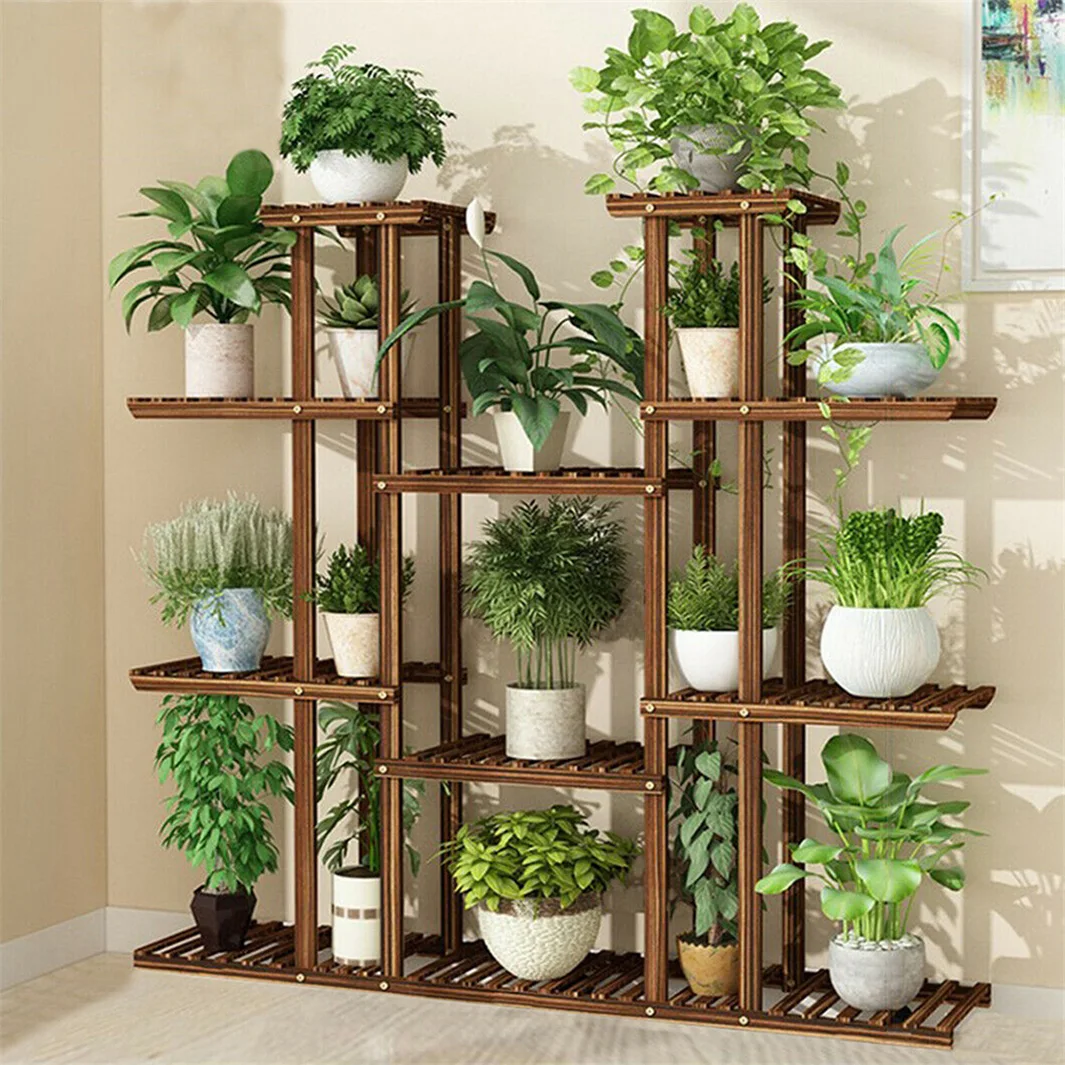 11 Tier Wood Plant Stand Carbonized High Widen Pot Display Shelf Holder Flower Shop Office Garden Indoor Outdoor Decor