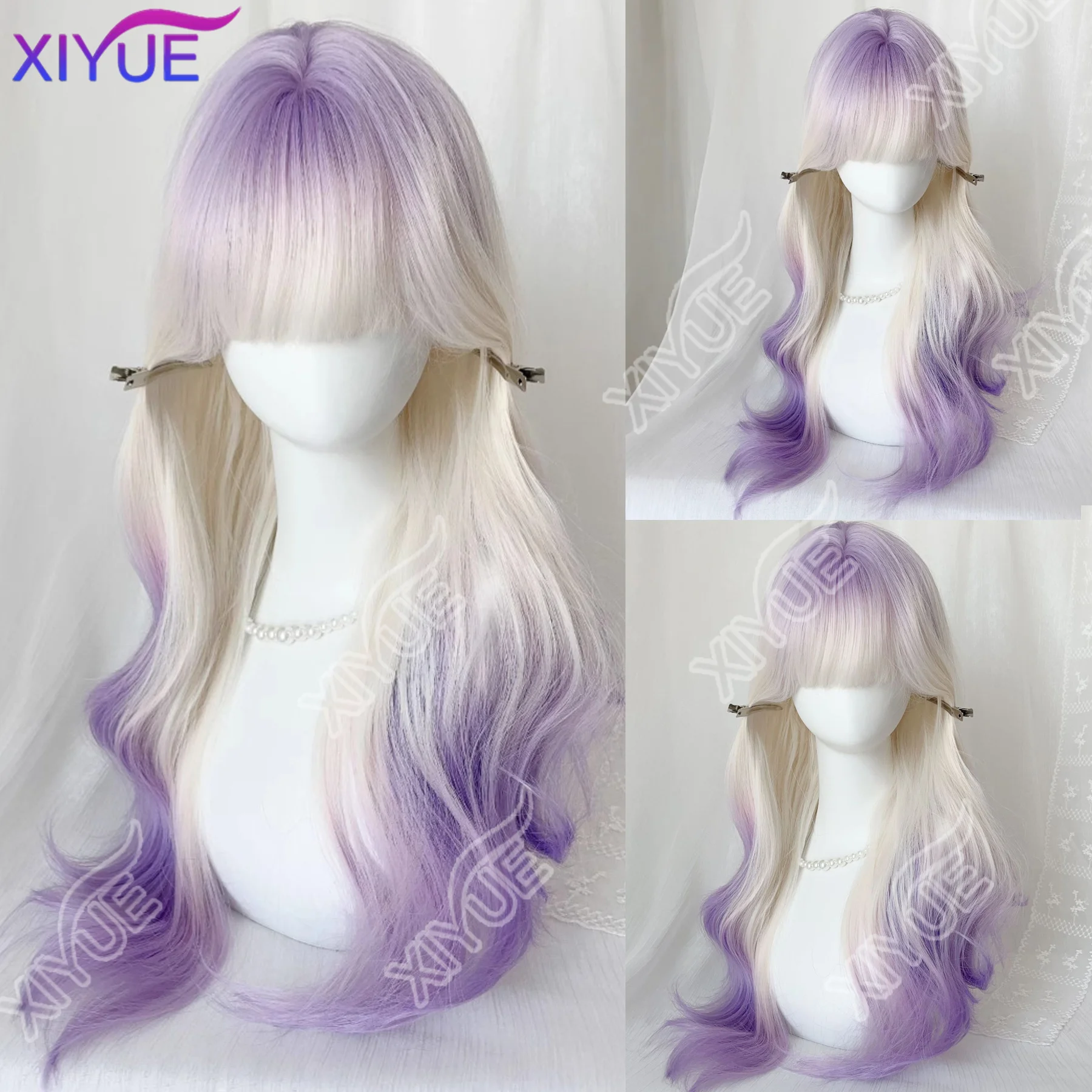 

Synthetic Purple White Wig with Bangs 26inch Long Wavy Hair Wig for Women Cosplay Headband Wigs Heat Resistant Synthetic Wigs