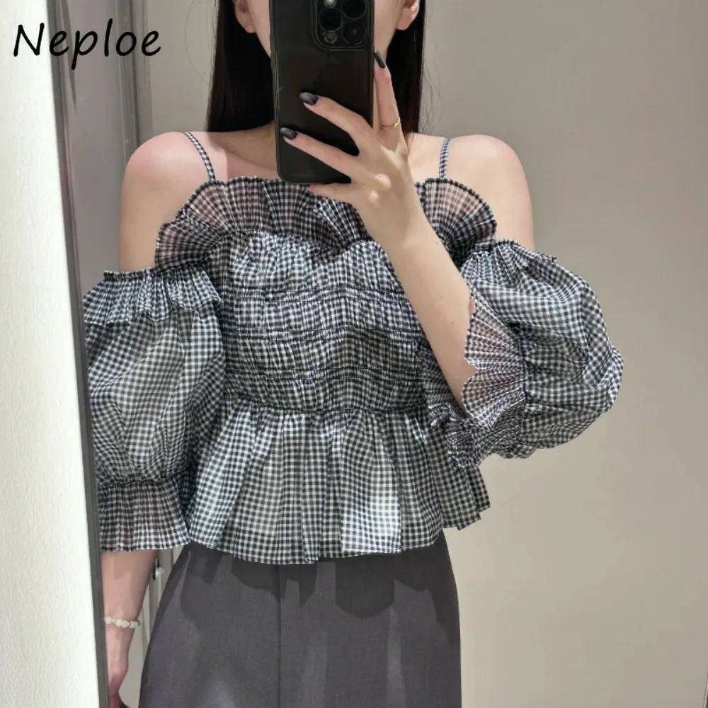 

Neploe Lovely Fresh Slash Neck Puff Sleeve Shirt New Sweet French Ruffles Lace Off Shoulder Blusas Japan All-match Casual Tops