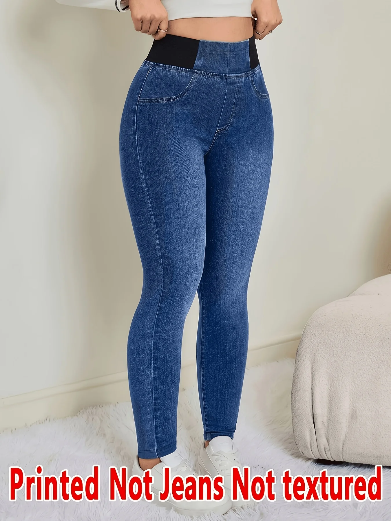 Fashion printed faux denim long leggings, versatile blue tight pants for casual and sports wear