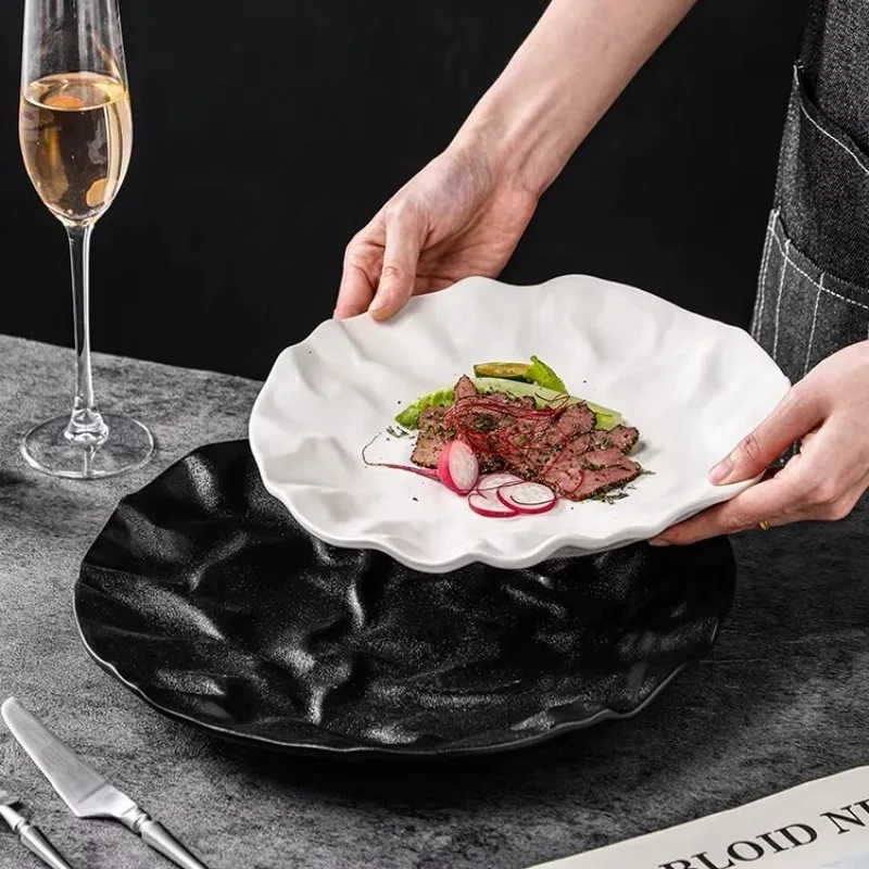 1PC Ceramic Dinner Plates for Home Pleated Texture Design Western Plates Japanese Style Dishes Good Looking Tableware