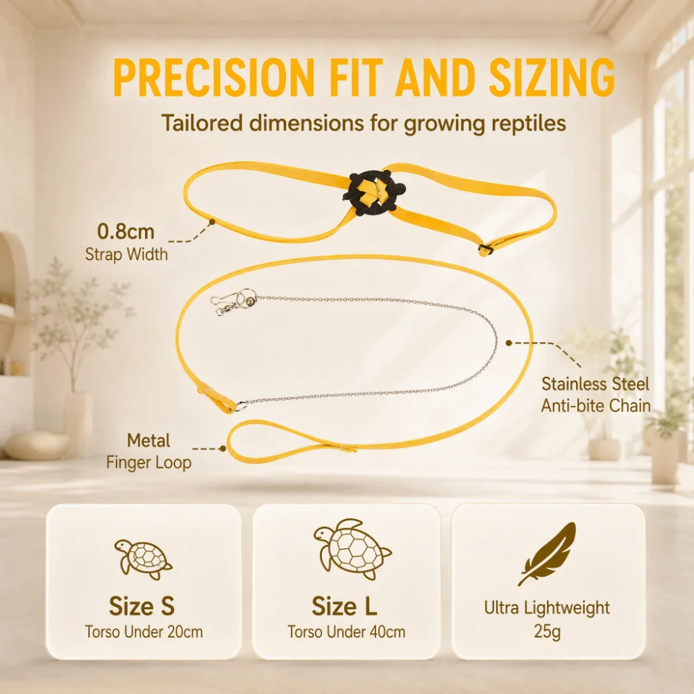 Yellow Turtle Harness Leash Adjustable Polyester Webbing, Tortoise Harness Leash Suede‑like Fleece, Stainless Steel Chain,