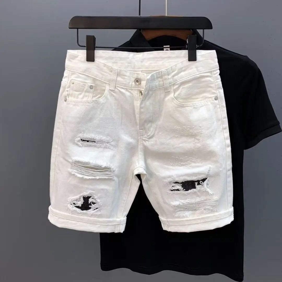 Fashion 2026 Cat Beard Ripped White Denim Shorts Men's Trendy Summer New Scratched Casual Non-elastic Half Pants Jean Shorts