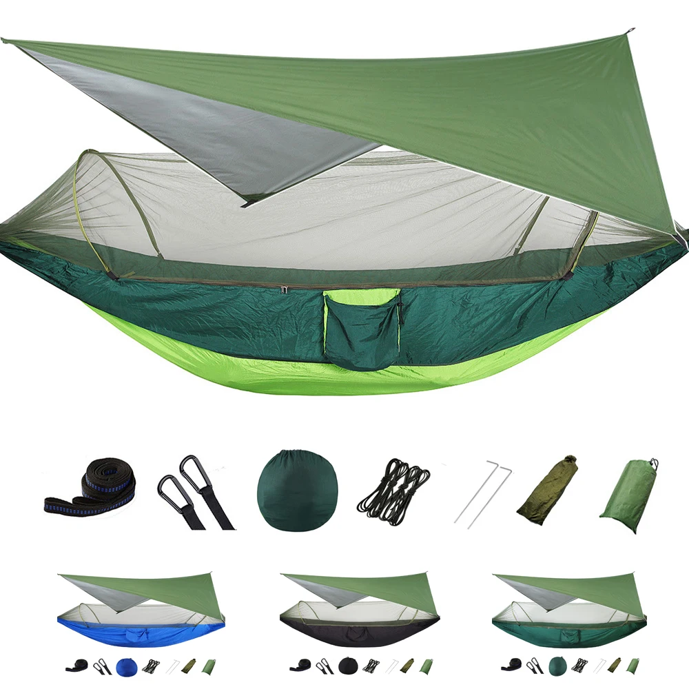 Outdoor Camping Quick Open Double Mosquito Net Hammocks Travel Portable Hanging Hammock Swing And Waterproof Canopy Tent Awnings