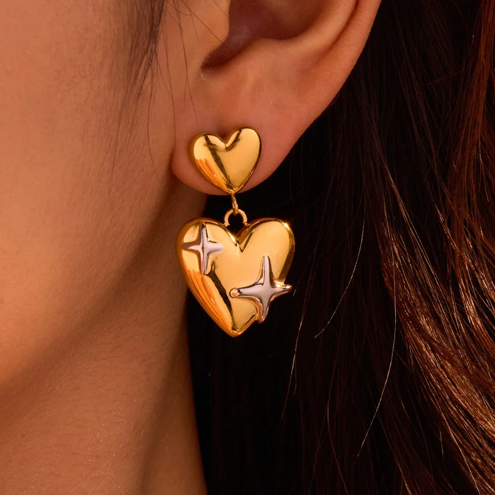 

Stainless Steel Double Love Heart Drop Earrings 18K Exaggerated Women Earrings Light Luxury Temperament Stud Earrings Daily Wear