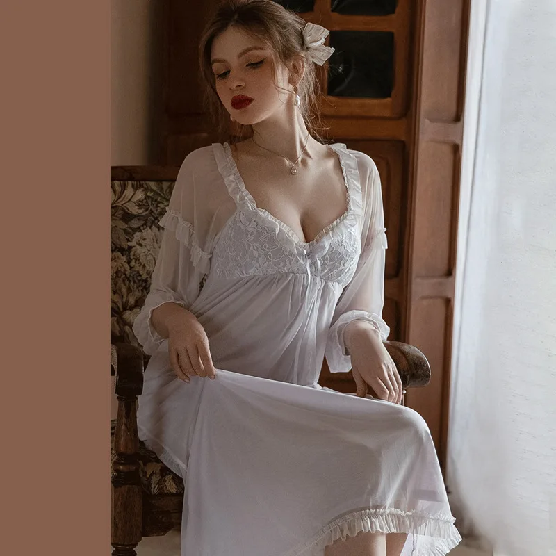 Summer Lace Long Sleeve Long Dress Sexy Sleepwear Loose plus Size Nightgown Comfortable Cotton Polyester Fabric round Neck