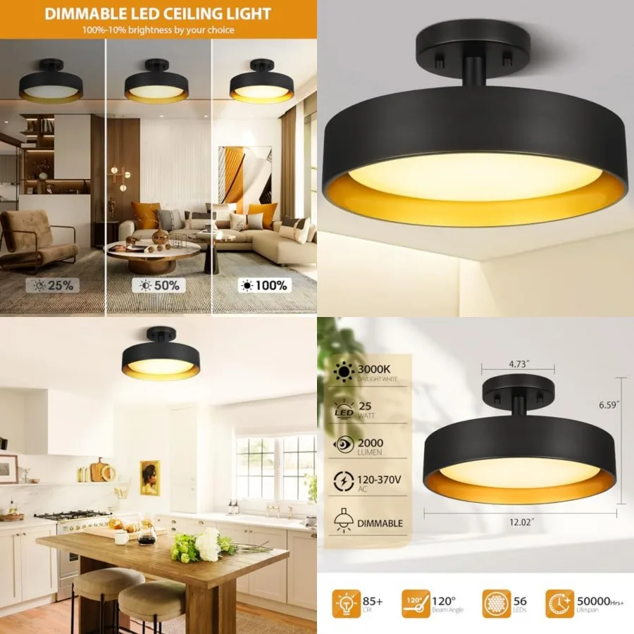 

Semi Flush Mount LED Ceiling Light Fixture, 12-inch 25W 2000LM Black Pendant Lamp for Entrance Attic, Gold Inside, 3000K, Dimma