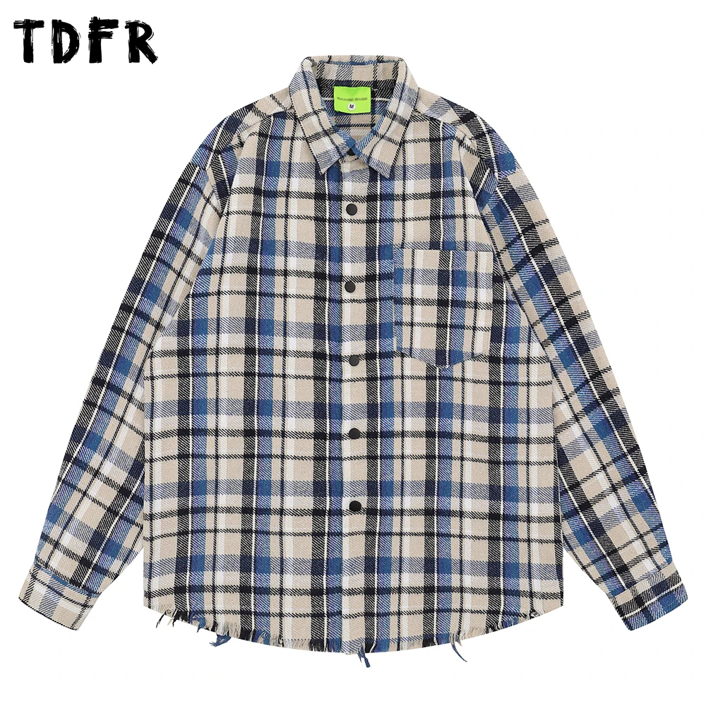 

Raw Hem Plaid Shirts Mens Autumn Retro Casual Loose Lapel Single Breasted Long Sleeve Checked Shirt Man