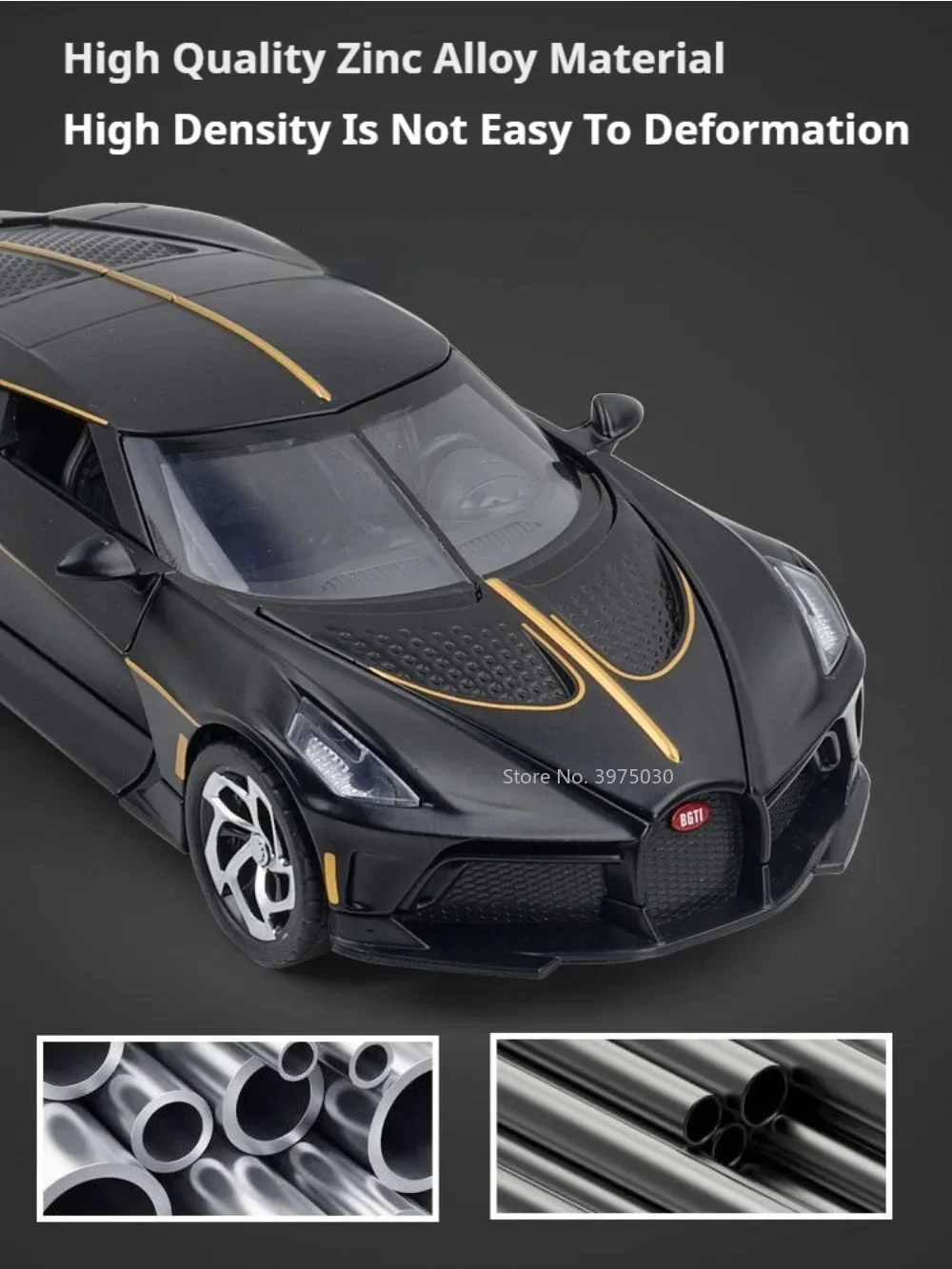 1:24 Bugatti La Voiture Noire Spielzeugauto-Miniaturmodell mit Sound-Licht, zurückziehbar, 4 Türen, geöffnete Fahrzeugmodelle, Kindertagsgeschenk