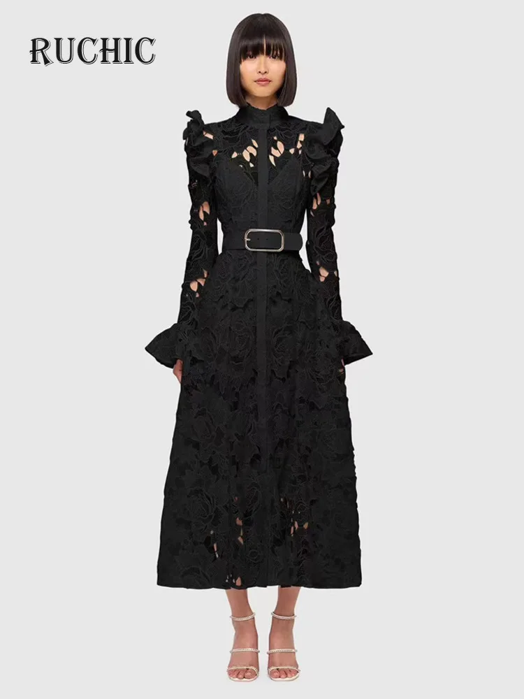 

Autumn 2024 New Women Fashion Embroidery Dress with Belt Stand Collar Sleeves Lace Hollow Out Single Breasted Dress