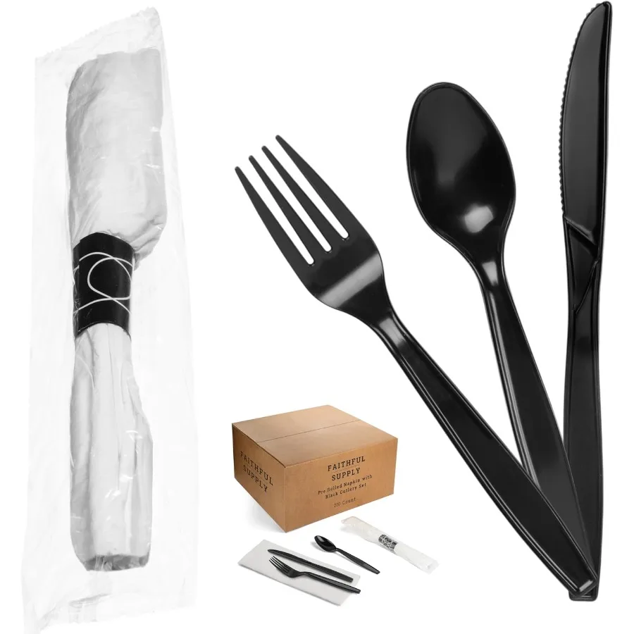 

200-каратный черный предварительно завернутый набор столовых приборов, одноразовое серебро в обертке с салфеткой, предварительно скрученные пластиковые столовые приборы для свадеб и вечеринок