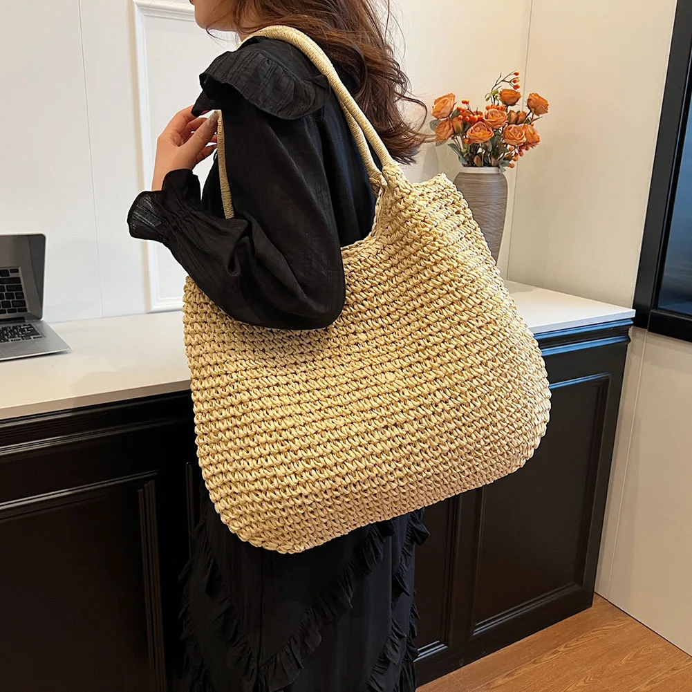 

Women Straw Tote Handbag Large Capacity Crochet Beach Handbag Hasp Closure Simple Weaving Handbag Ladies Summer Daily Bag