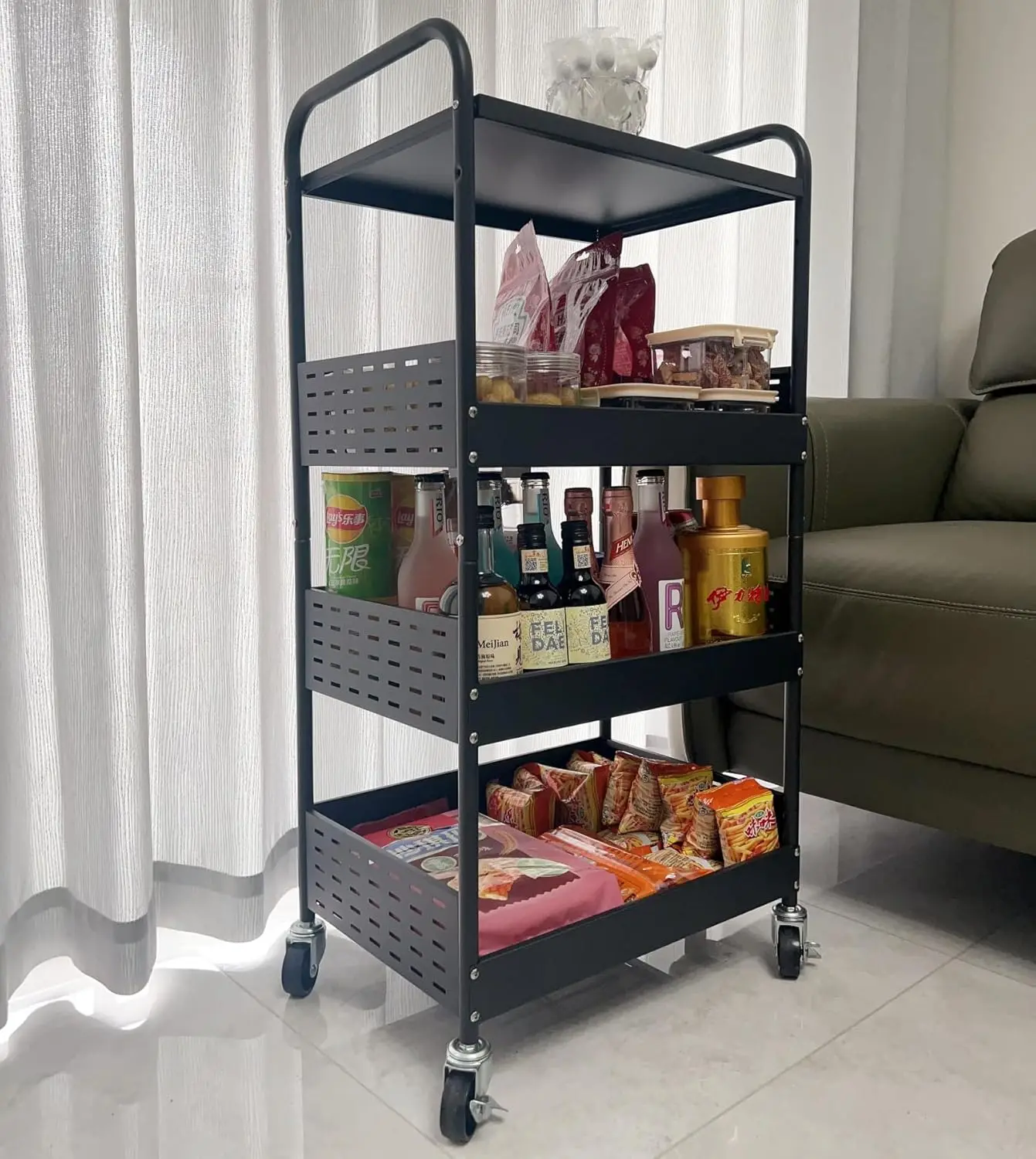 

Stable 4 Tier Rolling Metal Storage Organizer, Heavy Duty Kitchen Rolling Cart, Metal Top Vegetable Storage Cart with Wh