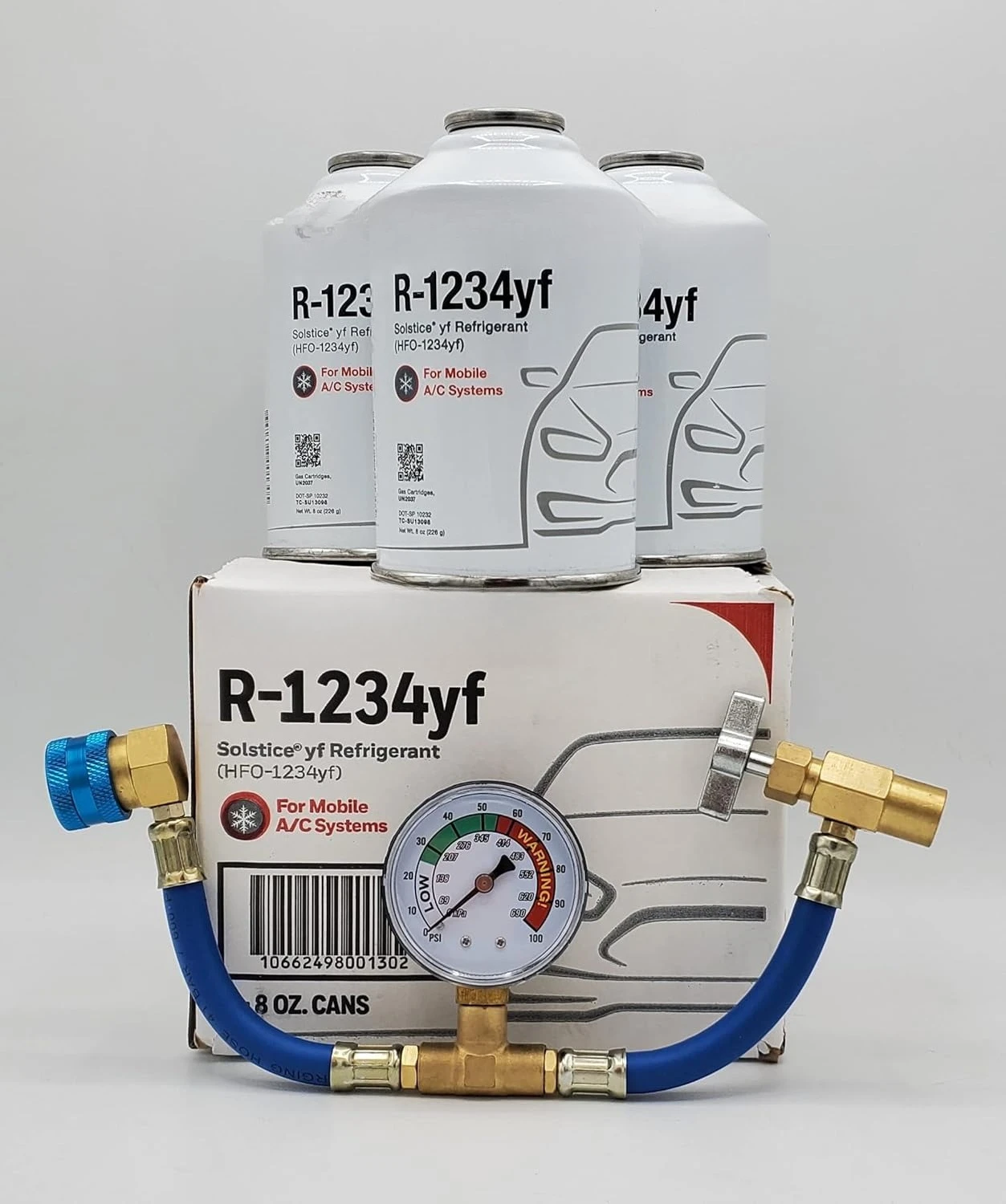 

Genuine 8oz R1234YF Refrigerant (3 Freon Cans) & HD Brass Can Tap with Gauge