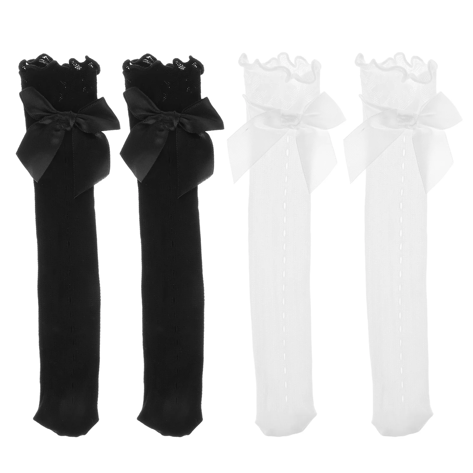 

4Pairs Girls Knee High Socks Lace Mesh Ruffled Edge Bow Decor Striped Cute Fashion Breathable Soft Comfortable Kids Stockings