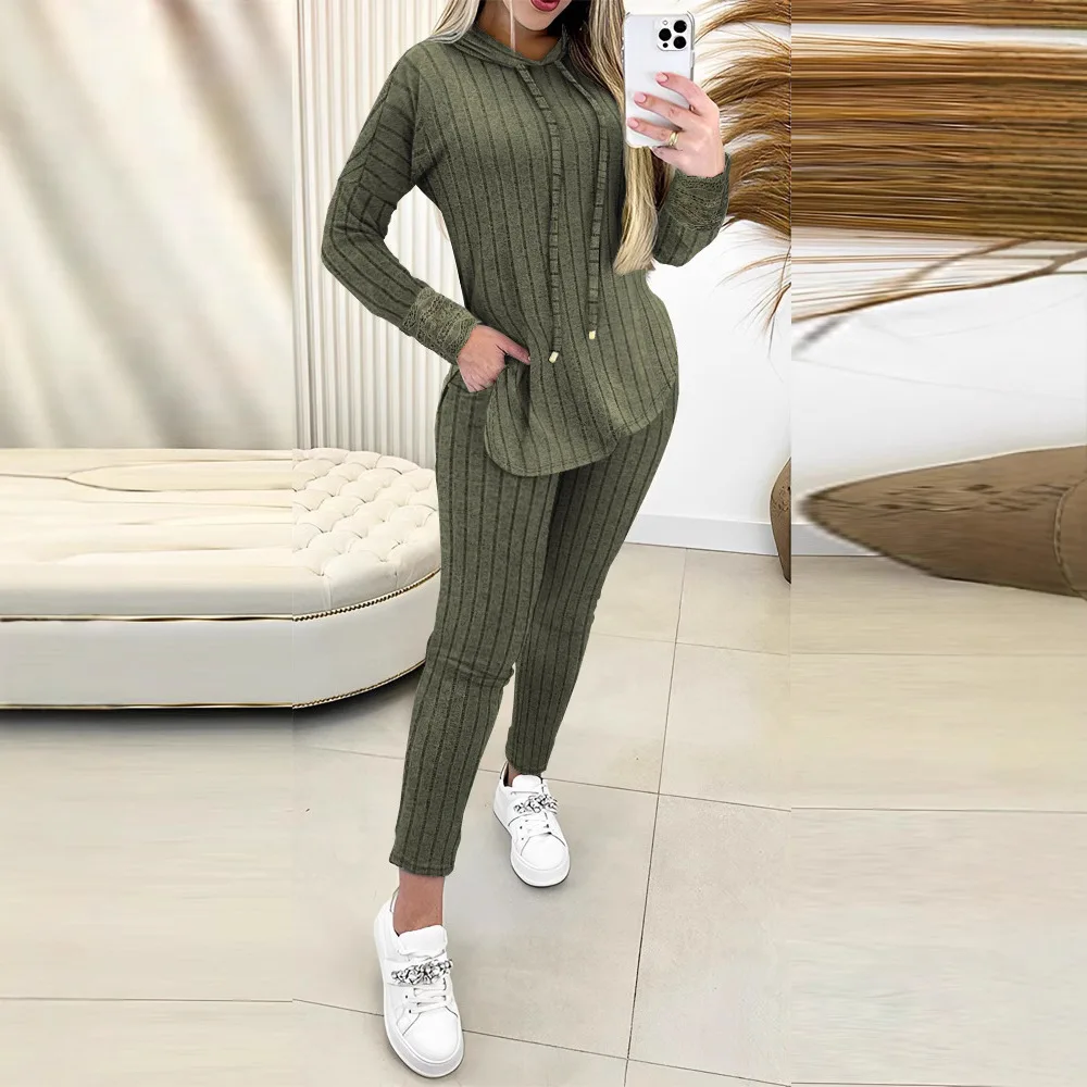

2 Piece Set for Women Sweatsuits for Women Ribbed Hooded Top & Pocket Design Slim Fit Pants Sets