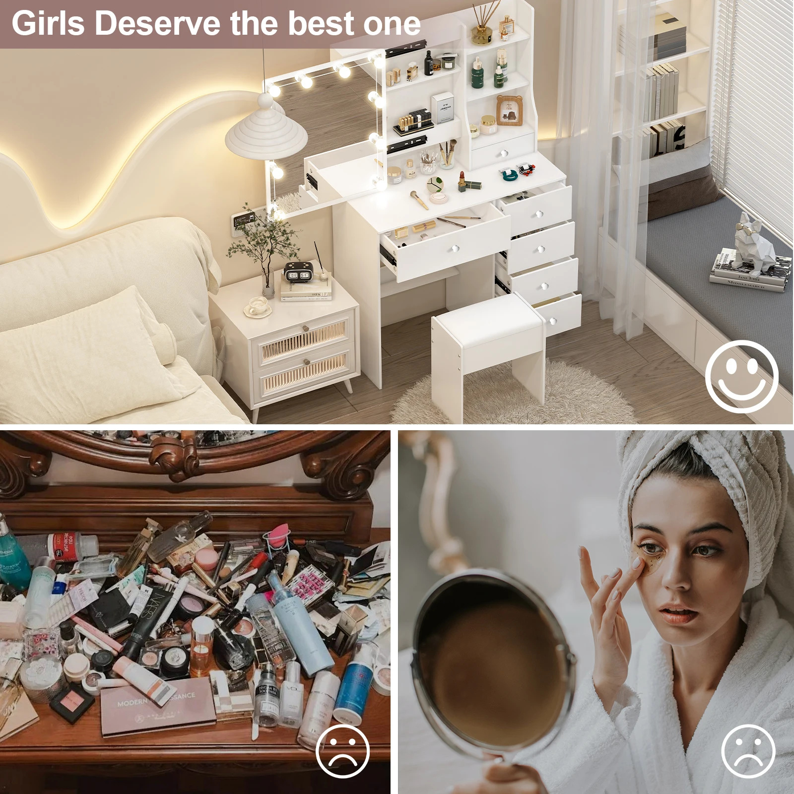 طاولة زينة خشبية أنيقة مع مرآة مضيئة: 3 أوضاع قابلة للتعديل وأدراج وتخزين #6
