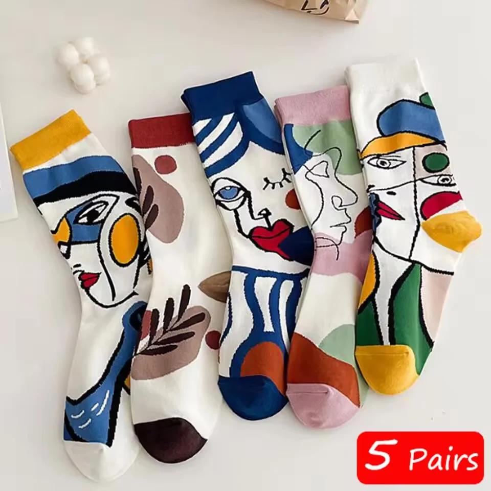 5 Pairs/Set Funny Socks Women Cute Mid-Calf Cotton Socks Aesthetic Fun Socks Kawaii Cartoon Spring Summer Crew Socks