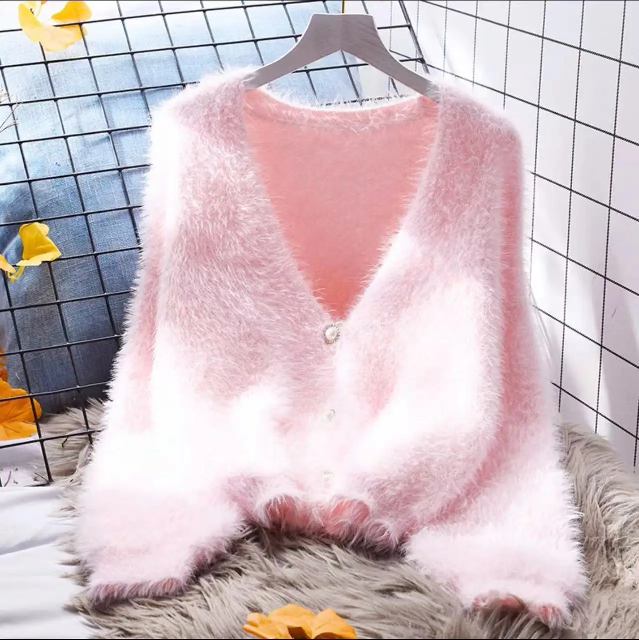 #4308 Mohair Cardigan Women V-neck Solid Color Short Cardigans Coat Female Slim Warm Knitwear Mink Cashmere Cardigans Sweater