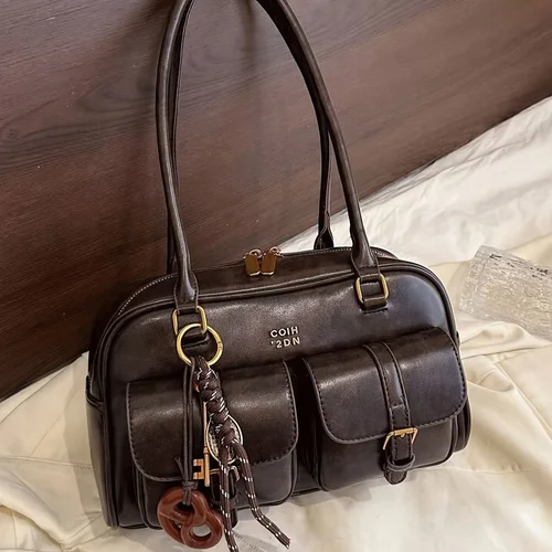 Imagen 1 del producto Bolso grande de hombro con múltiples bolsillos para mujer con herrajes y letras en tono dorado, bolso elegante para viajes, trabajo, compras, fechas