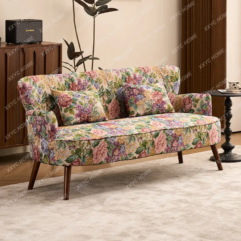 Pastoral retro style small apartment sofa living room balcony bedroom bed and breakfast wind jacquard fabric double small sofa