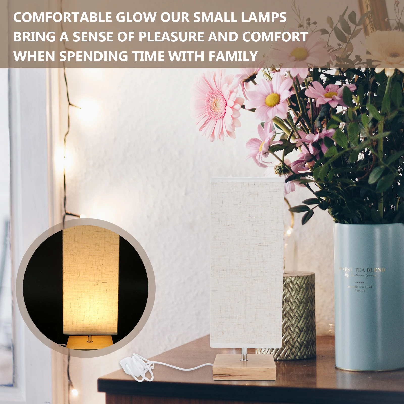 

Solid Wood Cloth Cover Night Light USB Cable Button Switch Warm Ambiance Bedroom Living Room Study Hotel Club Bedside Table Lamp