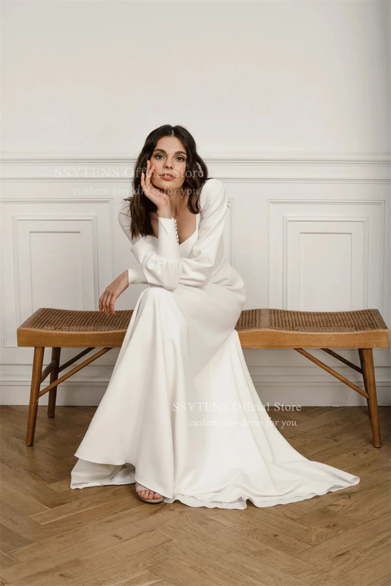 SSYTENS élégant col carré une ligne robes de mariée manches longues longue robe de mariée femme dos ouvert plis robe de mariée personnalisée