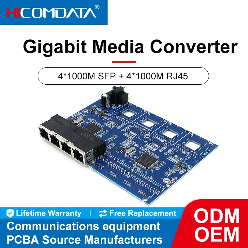 10/100/1000M 4 Fiber port and 4 RJ45 Gigabit Media Converter PCB Single Mode fiber Port PCB 10/100/1000M 4F4G