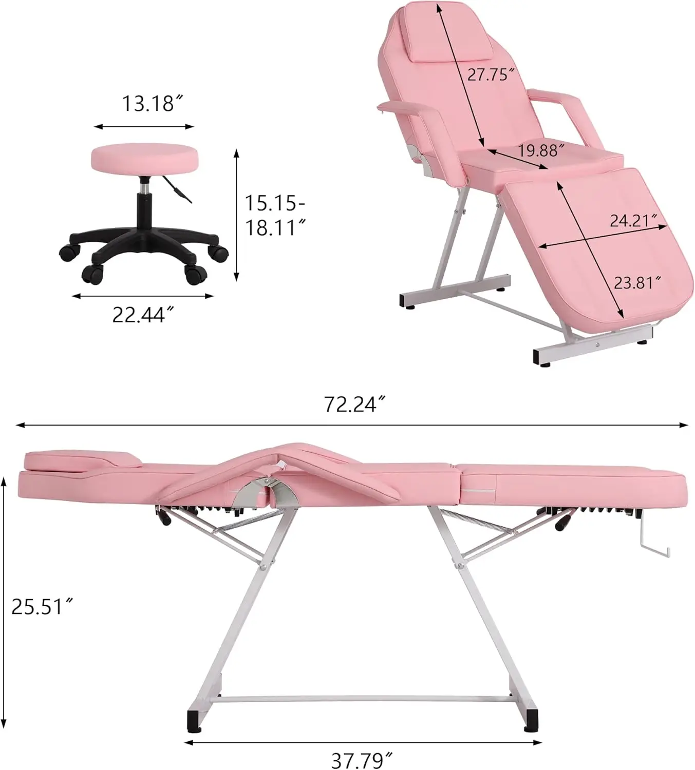 Tattoo Chair Spa Beds for Esthetician with 360 Swivel Equipment Stool, 72 Inch Multi-Purpose 3-Section Facial Beds Lash Table