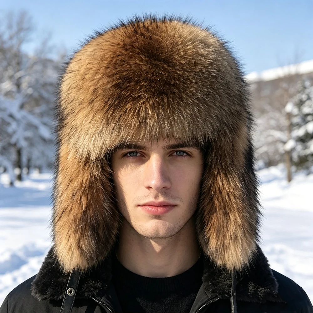 

2025 Cap 100% Raccoon Dog Full Fur Fox Fur Hat Men's Fur Ear Protection Winter Thickened and Warm Russian Hat Men's Trend