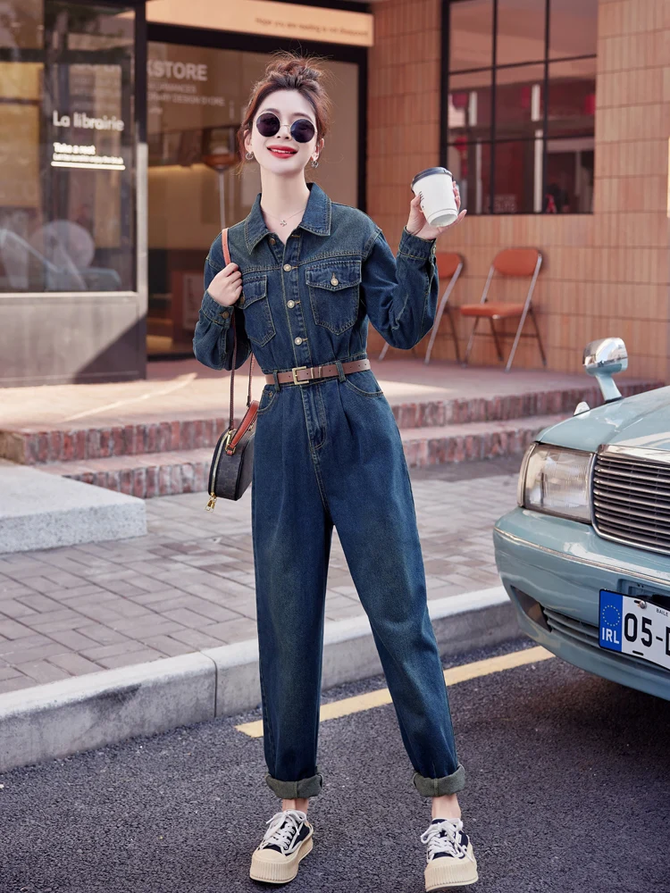 

Повседневная свободная рабочая одежда Джинсовые комбинезоны Модные осенние новые женские цельные брюки для похудения с высокой талией Длинные ноги на молнии C...