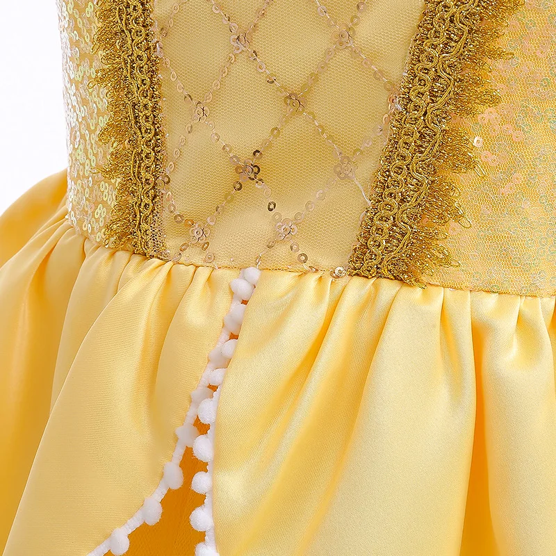 Disney Belle Princess Dress For Girls Kids Beauty And The Beast Cosplay Costume Halloween Birthday Party Ball Gown Clothing