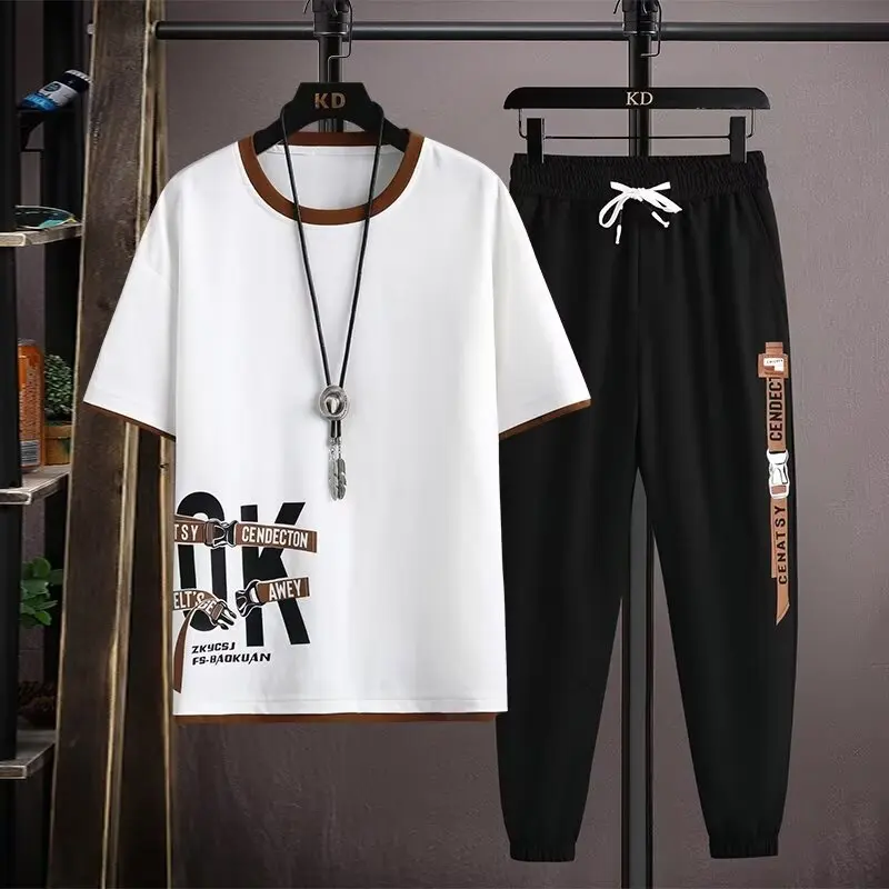 Hip Hop Men\'s Sets Short Sleeve T Shirts+Elastic Waist Trousers Fashion Men Clothing Sets Streetwear Two Piece Set Tracksuit Men