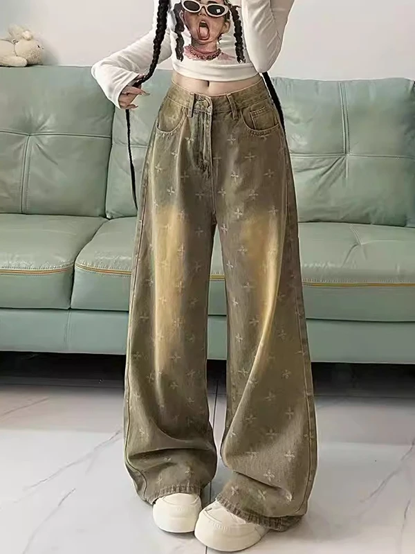 

Джинсы женские с высокой талией, широкие, в американском ретро-стиле, свободного кроя, прямые, в пол, зимние, новинка